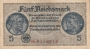 1940-1942 German WWII 5 Reichsmark - Fine or Better Condition